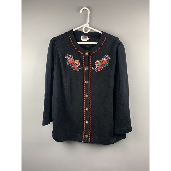 Leslie Fay Sweater Womens Plus 18W Button Up Jacket Black/Red Embroidered Floral - Picture 1 of 5